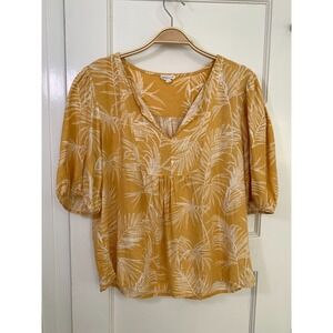 SIGRID OLSEN / Yellow Gold Linen Leaf Print V Neck Puff Sleeve Tunic / Size M